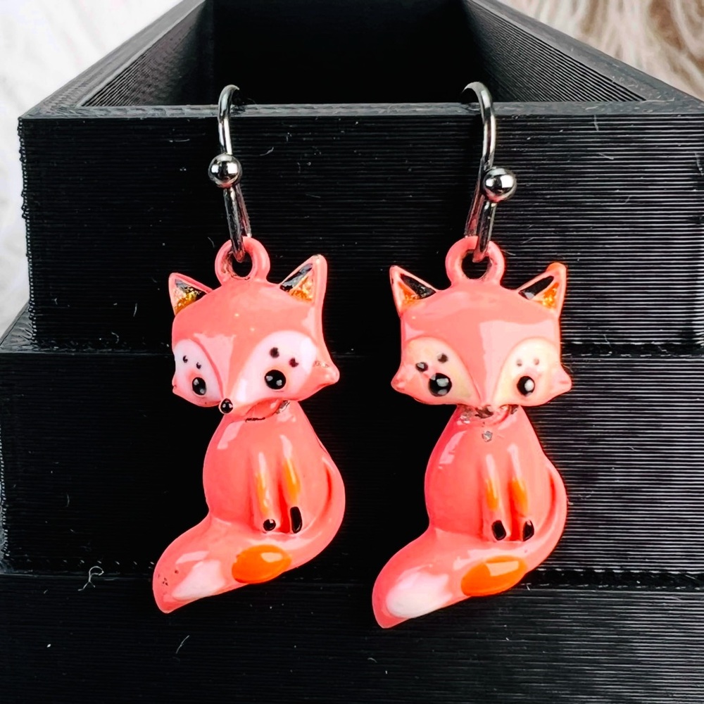 Gunmetal Black coral painted faceted fox tail pierced drop earrings